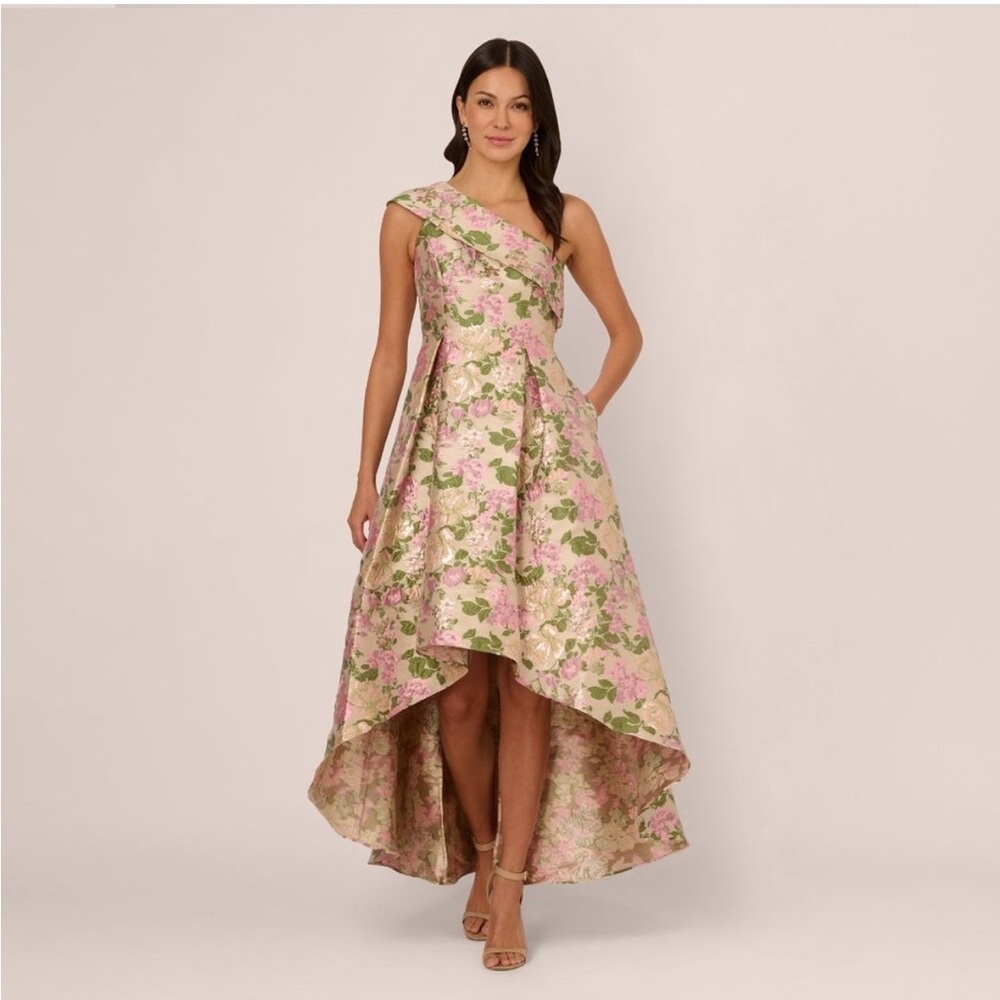 Adrianna Papell One shoulder Metalic Floral Jacquard high low gown in pink
